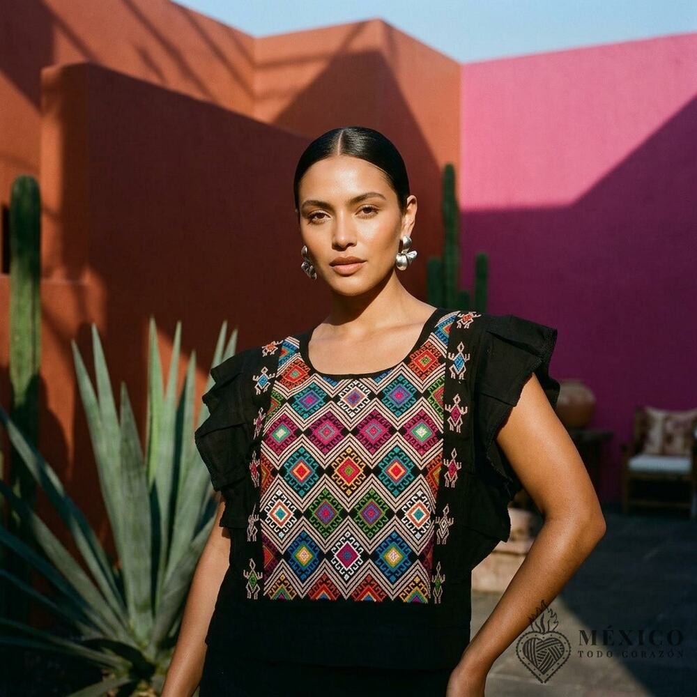 Traditional Mexican Huipil style Blouse – Handmade Embroidered Manta Top S M